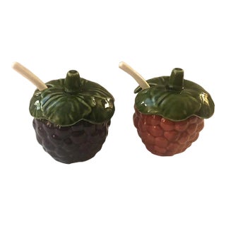 1970s Majolica Berry Condiment Jam Jars With Spoons - A Pair For Sale