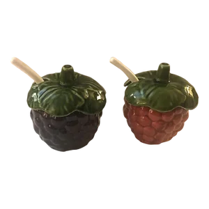 1970s Majolica Berry Condiment Jam Jars With Spoons - A Pair
