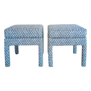 Sister Parish Burma in Summer Blue Parsons Ottomans - Pair For Sale