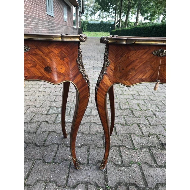 1850s French Louis XV Fruitwood Marquetry Side Tables Pair For Sale - Image 9 of 18