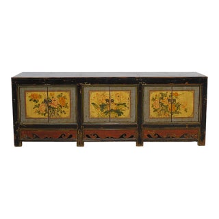 Hand Painted Beautiful Blooming Flowers Asian Sideboard For Sale