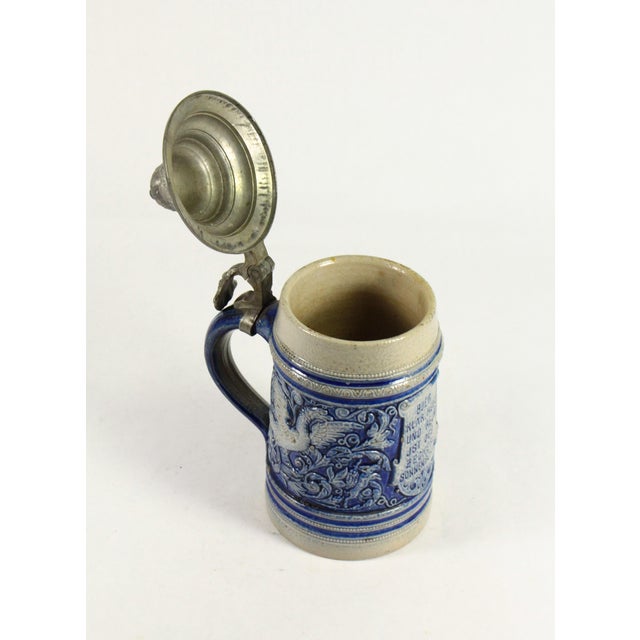 Metal 1880's Blue on Gray Stoneware Beer Stein With Pewter Lid 0.5l Westerwald Germany For Sale - Image 7 of 14