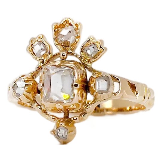 Late 19th Century Victorian 14k Table Cut Diamond Tiara Ring, Renaissance Revival, Size 10 For Sale