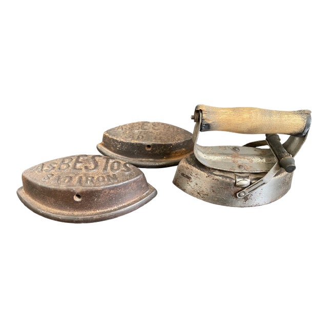 Antique Asbestos Sad Iron Handle Cover With Two Cast Iron Cores For Sale