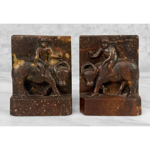 Antique Chinese Soapstone Monkey Riding Buffalo Library Bookends - A Pair For Sale - Image 4 of 9