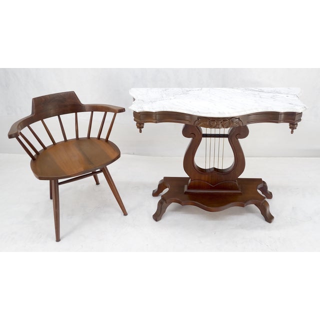 Wood Carved Walnut Lyre Base Victorian Style Marble Top Console Table For Sale - Image 7 of 12