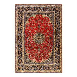 1940s Classic Red Rust Field Floral Medallion Vintage Isfahan Silk Carpet Rug For Sale