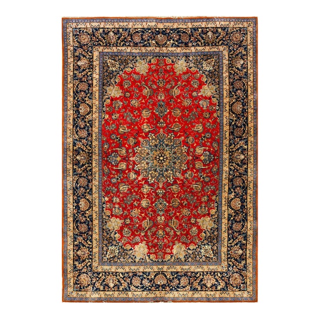 1940s Classic Red Rust Field Floral Medallion Vintage Isfahan Silk Carpet Rug For Sale