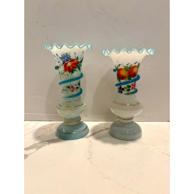 Antique White Opaline Vases With Fruit, Flowers, and Glass Applied Snakes - A Pair For Sale - Image 4 of 11