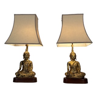 Southeast Asian Gilded Cast Iron Buddha Lamps, 20th Century, Set of 2 For Sale