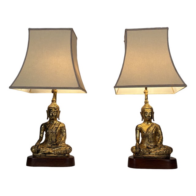 Southeast Asian Gilded Cast Iron Buddha Lamps, 20th Century, Set of 2 For Sale