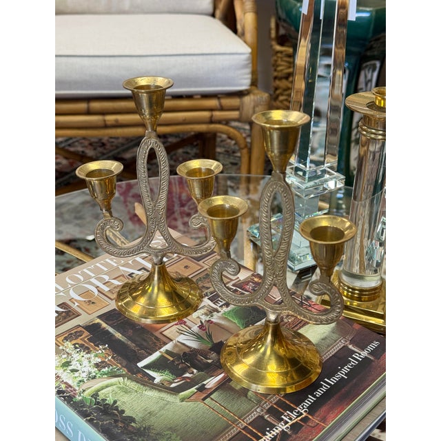 Mid 20th Century Vintage Etched Brass 3-Arm Scroll Candelabras, a Pair For Sale - Image 5 of 5