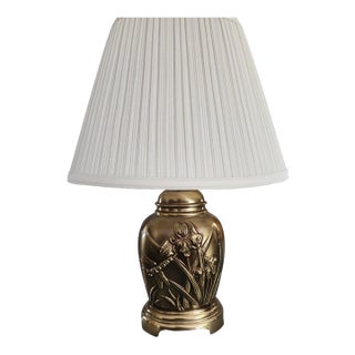 Vintage Gary Kattler Heavy Brass Iris & Dragonfly Lamp For Sale