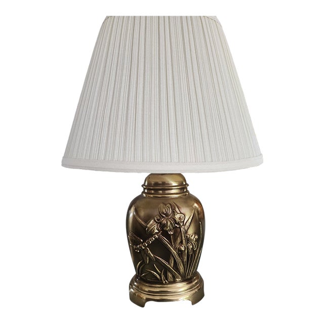 Vintage Gary Kattler Heavy Brass Iris & Dragonfly Lamp For Sale