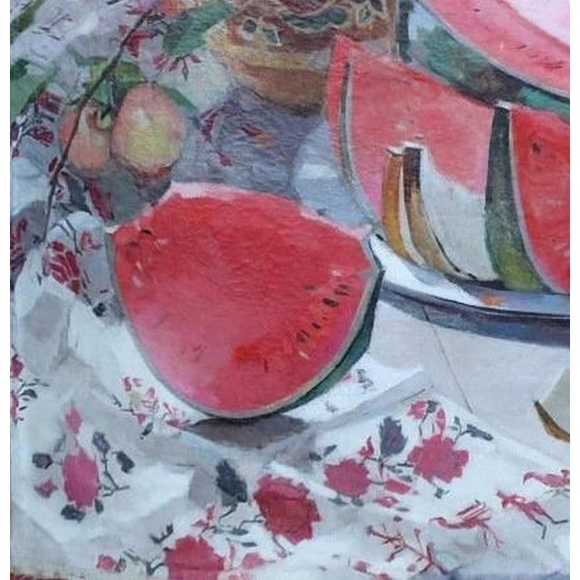 1970s Vintage Still-Life Oil Painting: Flowers and Watermelon, Ukrainian Art 1970s 140-138 For Sale - Image 5 of 6