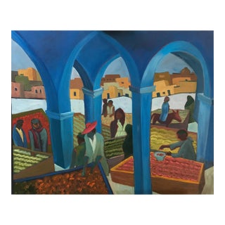 Marc Zimmerman Original Oil Painting "The Market", Moroccan Marketplace Scene, Cubist-Inspired Figures, Coastal Contemporary Art For Sale