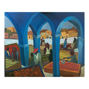 Marc Zimmerman Original Oil Painting "The Market", Moroccan Marketplace Scene, Cubist-Inspired Figures, Coastal Contemporary Art