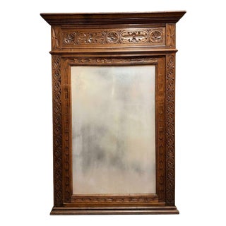 19th Century Belgian Gothic Carved Oak Beveled Mirror For Sale