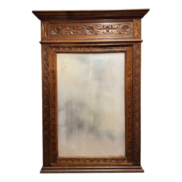19th Century Belgian Gothic Carved Oak Beveled Mirror For Sale