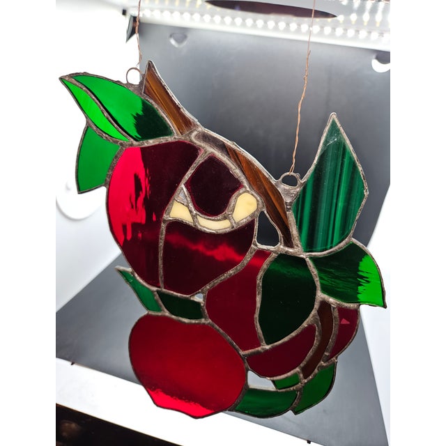Vintage Handcrafted Apple-Themed Stained Glass Suncatcher Panel