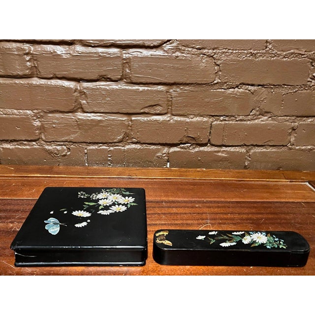 Late 20th Century Antique Japanese Black Lacquer Box Set Daisy Butterfly Hand Painted Urushi For Sale - Image 5 of 13