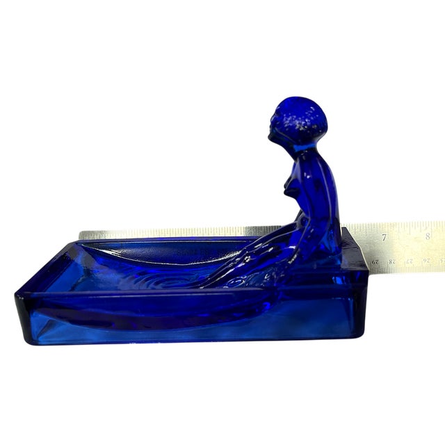 Glass Vintage Art Deco Nude Woman in a Pool Cobalt Blue Glass Soap, Jewelry, or Trinket Dish After Lalique Henrich Hoffmann For Sale - Image 7 of 9