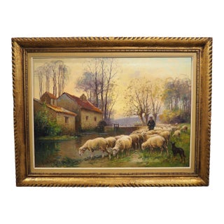 19th Century French Pastoral Oil Painting, the Shepherd and His Flock by Derians For Sale