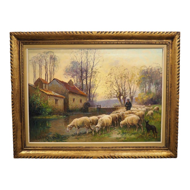 19th Century French Pastoral Oil Painting, the Shepherd and His Flock by Derians For Sale