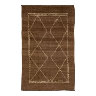 Modern Moroccan Style Brown Handmade Wool Rug With Geometric Pattern For Sale