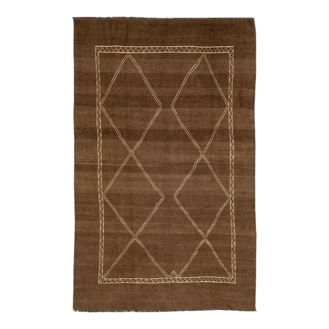 Modern Moroccan Style Brown Handmade Wool Rug With Geometric Pattern For Sale