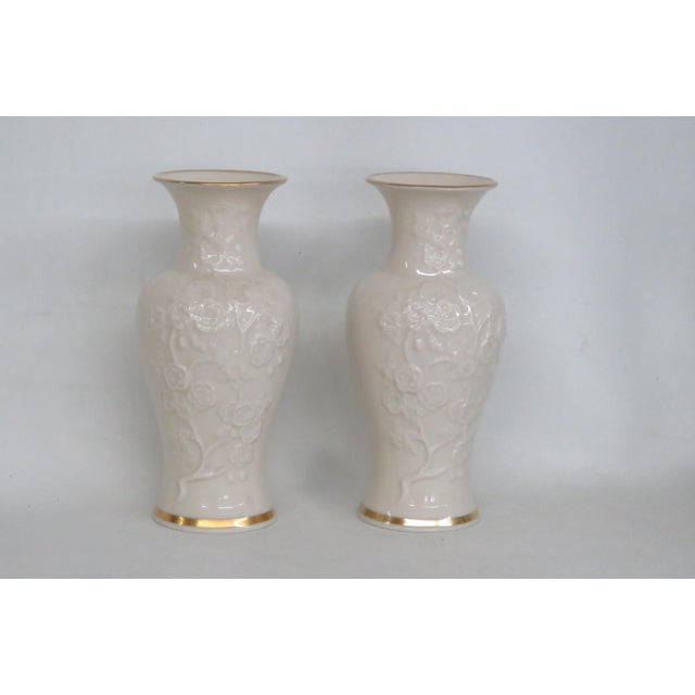 Lenox Ming Blossom Vase Pair of 2 Embossed Ivory Porcelain With Gold Trim 4930b For Sale - Image 13 of 17