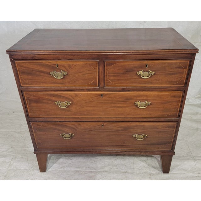 Stately Antique 2 Over 2 Chest of Drawers With Delicate Inlaid Trim and Metal Brass Hardware - From England, Circa 1860 For Sale - Image 13 of 13