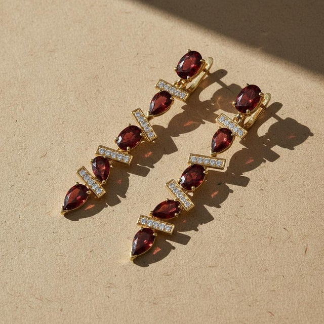Modern Geometric Garnet Drop Earrings, Silver, Gold, Pair For Sale - Image 10 of 10