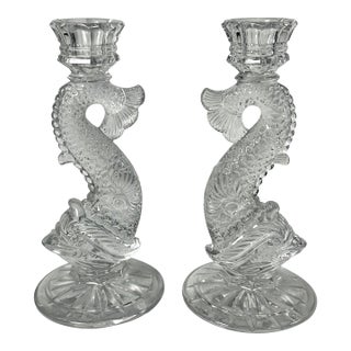 One Vintage Neoclassical Style Dolphin Candlesticks Molded Clear Glass For Sale