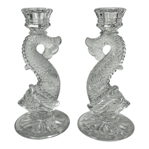 Vintage Neoclassical Style Dolphin Candlesticks Pair Molded Clear Glass
