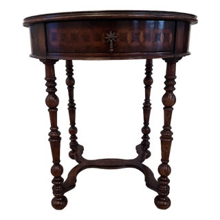 Jonathan Charles Round Side Table Walnut Finish With Burl Veneers and Hand Cut Inlays For Sale