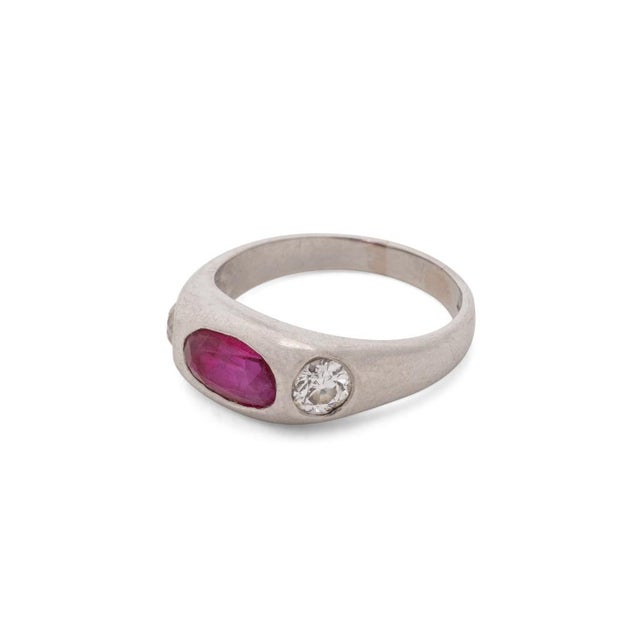 Late 20th Century Platinum Ruby and Diamond Gypsy Set 3-Stone Ring For Sale - Image 5 of 7