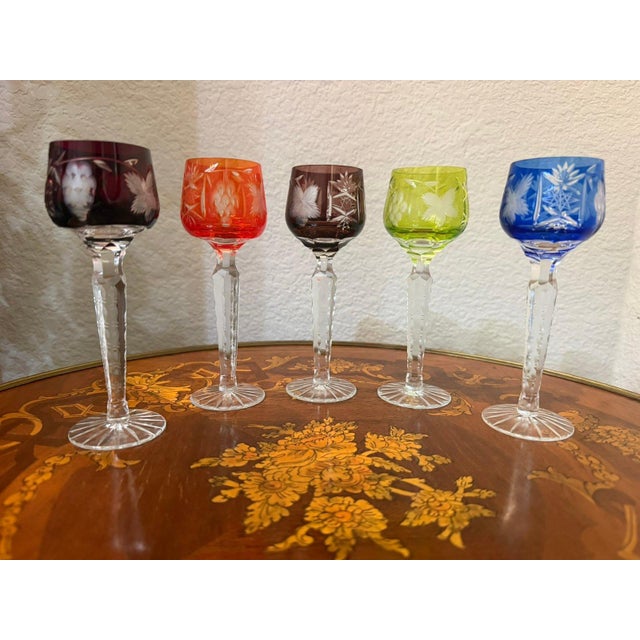 Vintage Bohemian Czech Cut to Clear Crystal Cordial Glasses Harlequin Set of 5 For Sale In Dallas - Image 6 of 6