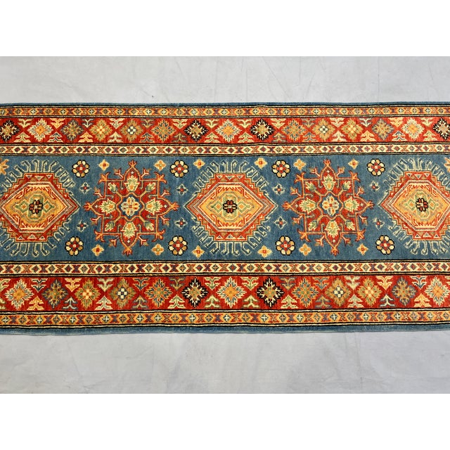 Blue and Rust Red Kazak Wool Runner Rug, Tribal Hallway Rug, 2'9" X 9'9" For Sale - Image 6 of 16