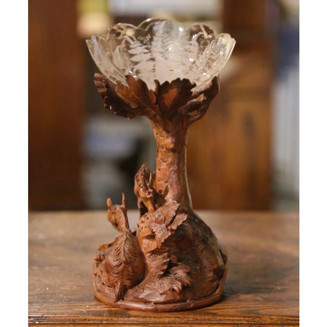 Brown 19th Century Swiss Black Forest Carved Walnut and Etched Crystal Centerpiece For Sale - Image 8 of 13