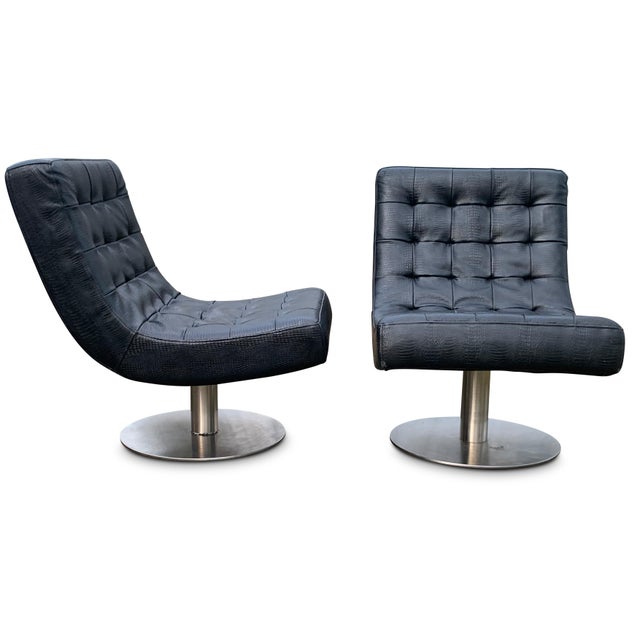 Metal Mid-Century Modern Lounge Chairs in Faux Black Crocodile from Arne Norell, Set of 2 For Sale - Image 7 of 10
