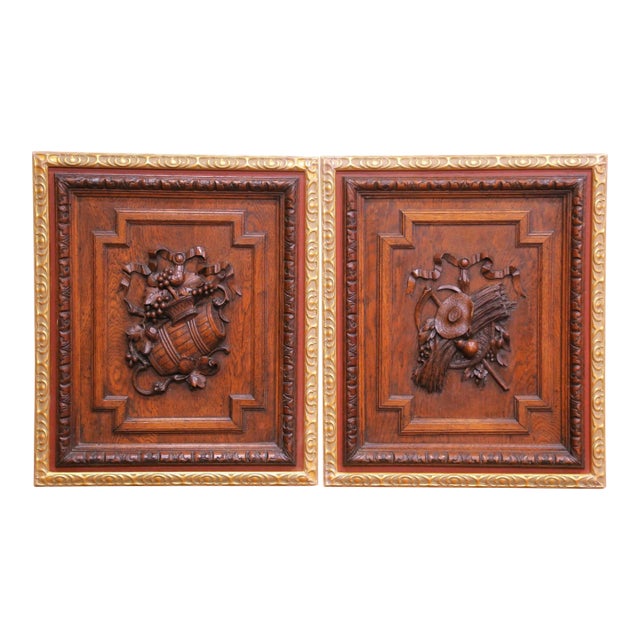 Pair of 19th Century French Carved Oak Wall Harvest Panels in Gilt Frames For Sale
