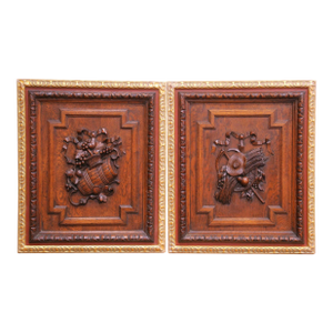 Pair of 19th Century French Carved Oak Wall Harvest Panels in Gilt Frames