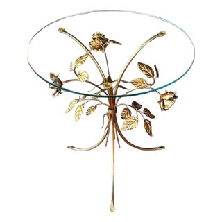 Vintage Italian Tole Gold Gilt Tripod Roses Side Table For Sale