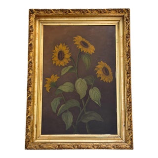 Antique Victorian Sunflower Oil Painting, 19th Century Floral Still Life in Gilt Frame For Sale