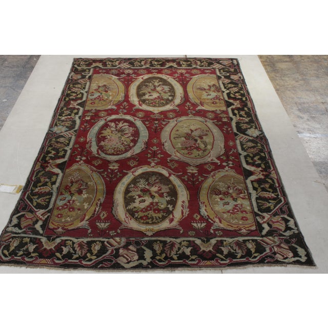 Transitional Antique Karabagh Rug With Rose Cartouches and Ornate Black Border - Rug & Kilim For Sale - Image 3 of 7