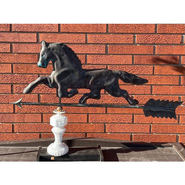 Metal Early 20th Century Copper Horse Weathervane With Copper Ball and Milk Glass & Wood Stand For Sale - Image 7 of 14