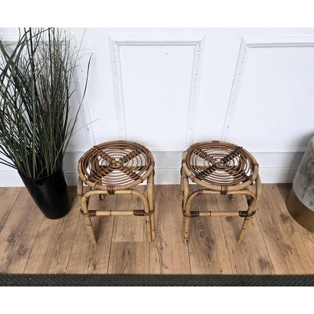 Bohemian French Riviera Italian Bamboo Rattan Stool, 1960s, Set of 2 For Sale - Image 6 of 8
