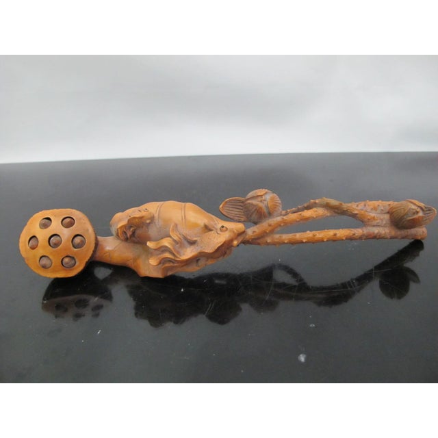 Late 19th Century Chinese Hand Carved Boxwood Wood Lotus Ruyi Scepter With Small Fish on Pods For Sale - Image 5 of 8
