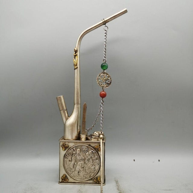 Vintage Chinese Brass Water Pipe / Tobacco Pipe With Figural Relief & Chain For Sale - Image 9 of 9